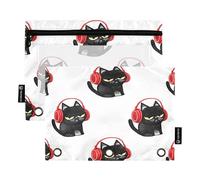 Lot de 2 trousses à crayons de bureau avec 3 anneaux - Fermeture éclair - Classeur transparent - Pour l'école - Motif chats noirs mignons et grincheux - 24,9 x 18 cm