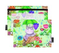 Lot de 2 trousses à crayons de bureau pour classeur à 3 anneaux avec fermeture éclair, trousse à crayons pastel, trousse à stylos, trousse d'école, mignon et drôle hippopotame vert, 24,9 x 18 cm