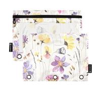 Lot de 2 trousses à crayons de couleur sans couture de style herbier floral pour enfants avec fenêtre transparente en tissu de couleurs assorties, classeur à 3 anneaux pour fournitures de bureau