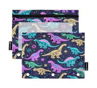 Lot de 2 trousses à crayons dinosaures fluo dans l'espace pour classeur à 3 anneaux, fermeture éclair lisse avec fenêtre en PVC transparent pour fournitures scolaires