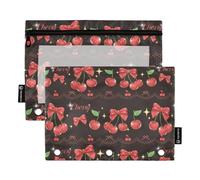 Lot de 2 trousses à crayons en plastique à 3 anneaux pour classeur avec fenêtre transparente, nœud en cerisier rouge, fenêtre transparente et œillets, pochette pour classeur à 3 anneaux, organiseurs