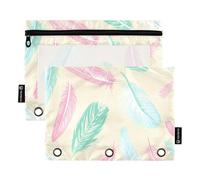 Lot de 2 trousses à crayons esthétiques à 3 anneaux - Plumes de couleur pastel - Crème - Fermeture éclair - Classeur d'école - Poches transparentes - Tissu 24,9 x 18 cm