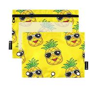 Lot de 2 trousses à crayons jaunes mignonnes avec motif ananas joyeux avec fermeture éclair - 24,9 x 18 cm