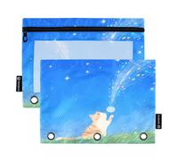 Lot de 2 trousses à crayons motif chat avec pissenlit vert et bleu pour classeur à 3 anneaux, fermeture éclair lisse avec fenêtre en PVC transparent pour fournitures scolaires