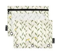 Lot de 2 trousses à crayons Oiseaux sur tiges vertes et beiges pour classeur à 3 anneaux, fermeture éclair lisse avec fenêtre en PVC transparent pour fournitures scolaires