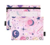 Lot de 2 trousses à crayons Peach and Black Star Planet à 3 anneaux avec fenêtre transparente avec fermeture éclair et œillets, classeur à 3 anneaux pour ranger les fournitures scolaires, étudiants