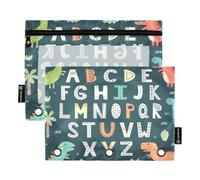 Lot de 2 trousses à crayons pour classeur à 3 anneaux, lettres de l'alphabet amusantes, dinosaures mignons avec fermeture éclair, porte-stylos avec fenêtre transparente pour l'école, la classe, le