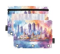 Lot de 2 trousses à crayons pour classeur à 3 anneaux, motif horizon de Mumbai, trousse de maquillage avec fermeture éclair et fenêtre transparente pour bureau, voyage, cosmétiques, Aquarelle horizon