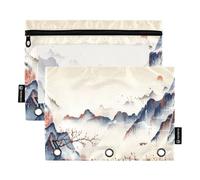 Lot de 2 trousses à crayons pour classeur à 3 anneaux, motif sommets des montagnes antiques et fleurs de prunier avec fermeture éclair, porte-stylos avec fenêtre transparente pour l'école, le bureau