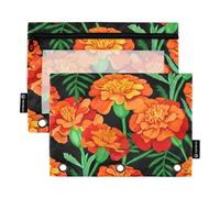 Lot de 2 trousses à crayons pour classeur à 3 anneaux, rouge, orange, fleurs de souci, noir, fermeture éclair, cartoon, trousse à stylos transparente, 24,9 x 18 cm