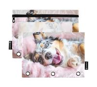 Lot de 2 trousses à crayons pour classeur à 3 anneaux, trousse à crayons souple à fermeture éclair avec œillets, essentiels pour la rentrée scolaire, 24 x 17 cm, berger australien ludique relax