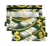 Lot de 2 trousses à crayons pour filles pour classeur à 3 anneaux avec fermeture éclair - Pochettes transparentes - Empilage de billets de 100 dollars américains - 24,9 x 18 cm