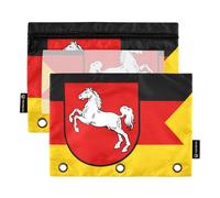 Lot de 2 trousses à crayons transparentes à 3 anneaux avec fermeture éclair et motif drapeau de l'État de Basse-Saxe pour filles 24,9 x 18 cm