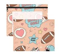 Lot de 2 trousses à crayons transparentes pour classeur à 3 anneaux, fournitures de salle de classe, but de rugby, cœur rose, motif Just Play, cartuchera para lapices