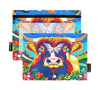 Lot de 2 trousses colorées en forme de vache et de fleur pour classeur à 3 anneaux, fermeture éclair lisse avec fenêtre en PVC transparent pour fournitures scolaires