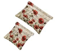 Lot de 2 trousses cosmétiques de poche, motif fleurs de coquelicot, notes de musique, fermeture automatique, sans fermeture éclair, petite pochette de maquillage pour rangement de voyage pour