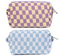 Lot de 2 trousses de maquillage à carreaux violettes et bleues - Trousse de toilette de voyage pour femmes et filles, turquoise, 1