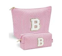 Lot de 2 trousses de maquillage avec lettre B - VivaJoy - Trousse de maquillage personnalisée pour femme - Trousse de maquillage en chenille à rayures roses - Grande trousse à maquillage et petite