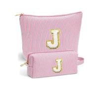 Lot de 2 trousses de maquillage avec lettre J - VivaJoy - Sacs de maquillage personnalisés pour femme - Trousse de maquillage en chenille à rayures roses - Grande trousse à maquillage et petite