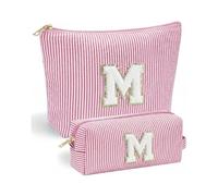 Lot de 2 trousses de maquillage avec lettre M - VivaJoy - Trousse de maquillage personnalisée pour femme - Trousse de maquillage en chenille à rayures roses - Grande trousse à maquillage et petite