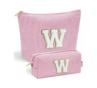 Lot de 2 trousses de maquillage avec lettre W - VivaJoy - Trousse de maquillage personnalisée pour femme - Trousse de maquillage en chenille à rayures roses - Grande trousse à maquillage et petite