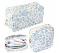 Lot de 2 trousses de maquillage bleues à motif floral - Joli ensemble de rangement de cosmétiques en coton matelassé - Trousse de toilette légère avec fermeture éclair pour voyage, école, sac à main
