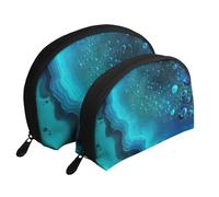 Lot de 2 trousses de maquillage colorées en forme de coquillage avec imprimé feuilles tropicales - Organiseur de voyage élégant pour beauté et cadeaux pour femmes et filles, Bleu turquoise vif