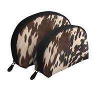 Lot de 2 trousses de maquillage colorées en forme de coquillage avec imprimé feuilles tropicales - Organiseur de voyage élégant pour beauté et cadeaux pour femmes et filles, Cuir de vache marron 1