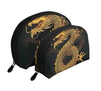 Lot de 2 trousses de maquillage colorées en forme de coquillage avec imprimé feuilles tropicales - Organiseur de voyage élégant pour beauté et cadeaux pour femmes et filles, Dragon jaune doré chinois