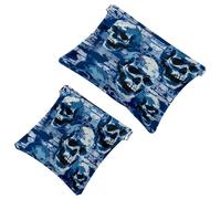 Lot de 2 trousses de maquillage de poche à fermeture automatique, sans fermeture éclair, motif crânes, murs, bleu, multicolore, 7.1x5.8in/18x14.8cm;4.7x4.5in/12x11.5cm, Trousse de maquillage
