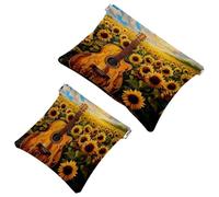 Lot de 2 trousses de maquillage de poche, champ de tournesol et guitare à fermeture automatique, sans fermeture éclair, petite pochette de maquillage pour mini rangement de voyage pour cosmétiques,