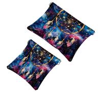 Lot de 2 trousses de maquillage de poche, motif attrape-rêves, galaxie, fermeture automatique, sans fermeture éclair, petite pochette de maquillage pour rangement de voyage pour cosmétiques, écouteurs
