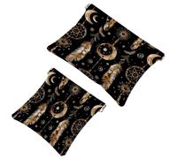 Lot de 2 trousses de maquillage de poche, motif attrape-rêves, plumes dorées, fermeture automatique, sans fermeture éclair, petite pochette de maquillage pour rangement de voyage pour cosmétiques,