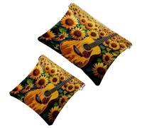 Lot de 2 trousses de maquillage de poche, motif champ de tournesol et guitare, fermeture automatique, sans fermeture éclair, petite pochette de maquillage pour rangement de voyage pour cosmétiques,