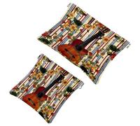 Lot de 2 trousses de maquillage de poche, motif guitare à rayures et fleurs, fermeture automatique, sans fermeture éclair, petite pochette de maquillage pour rangement de voyage pour cosmétiques,