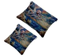 Lot de 2 trousses de maquillage de poche, Octopus on Sky - Fermeture automatique - Sans fermeture éclair - Petite pochette de maquillage pour ranger des cosmétiques, des écouteurs et des bijoux,