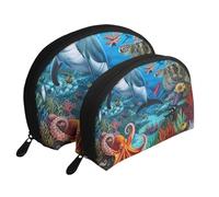 Lot de 2 trousses de maquillage de voyage avec imprimé dauphins, récif corallien, poulpe, trousse de toilette pour femme et fille, blanc, Taille unique, Trousse de maquillage