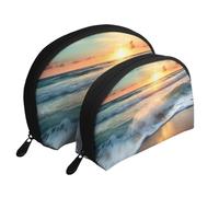 Lot de 2 trousses de maquillage de voyage avec imprimé plage, coucher de soleil et mer, sac de rangement portable pour femmes et filles, blanc, Taille unique, Trousse de maquillage