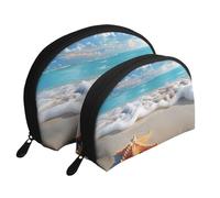 Lot de 2 trousses de maquillage de voyage avec imprimé plage de mer, trousse de toilette portable pour femme et fille, blanc, Taille unique, Trousse de maquillage