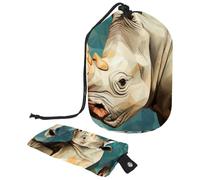 Lot de 2 trousses de maquillage de voyage de grande capacité, douces, imperméables, portables avec cordon de serrage, motif mosaïque rhinocéros 12, Art Mosaic Rhino,
