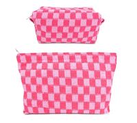 Lot de 2 trousses de maquillage de voyage en tricot à motif damier, grande capacité, trousse de toilette matelassée pour femme, rose/blanc, Trousse de beauté