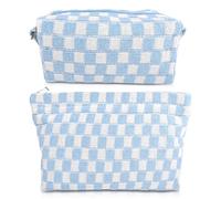 Lot de 2 trousses de maquillage de voyage en tricot à motif damier, grande capacité, trousse de toilette matelassée pour femme, bleu/blanc, Trousse de beauté