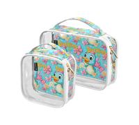 Lot de 2 trousses de maquillage décoratives transparentes pour femme approuvées par la TSA - Motif catoon bleu canard fleur - Trousse de voyage portable pour homme