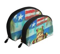 Lot de 2 trousses de maquillage en forme de coquillage avec illusion d'optique en spirale, organiseur de voyage élégant pour beauté et cadeaux pour femmes et filles, Puerto Rico Drapeau grenouille