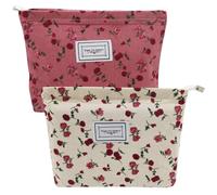 Lot de 2 trousses de maquillage en velours côtelé pour femme - Motif floral - Trousse de toilette portable avec fermeture éclair - Pour femme et fille - Avec 5 tampons de coton, rose, blanc crème,