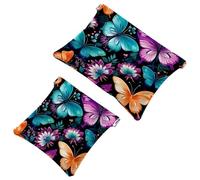 Lot de 2 trousses de maquillage esthétiques avec fleur et papillon - 1442 - Sac de maquillage étanche - Portable - Sans fermeture éclair, Multicolore 08, A：7.1x5.8in/18x14.8cm，B:4.7x4.5in/12x11.5cm