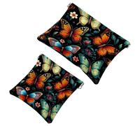 Lot de 2 trousses de maquillage esthétiques avec fleur et papillon - 1442 - Sac de maquillage étanche - Portable - Sans fermeture éclair, Multicolore 02, A:7.1x5.8in/18x14.8cm,B:4.7x4.5in/12x11.5cm