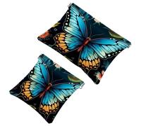 Lot de 2 trousses de maquillage esthétiques avec fleur et papillon - 1475 - Étanche - Portable - Sans fermeture éclair, Multicolore 08, A:7.1x5.8in/18x14.8cm,B:4.7x4.5in/12x11.5cm