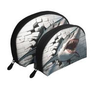 Lot de 2 trousses de maquillage imprimées avec motif requins en 3D - Trousse de toilette de voyage portable, blanc, Taille unique