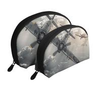 Lot de 2 trousses de maquillage noires et blanches avec imprimé à rayures - Trousse de toilette pour le rangement quotidien et l'organisation de voyage, Avion de la Seconde Guerre Mondiale, One Size